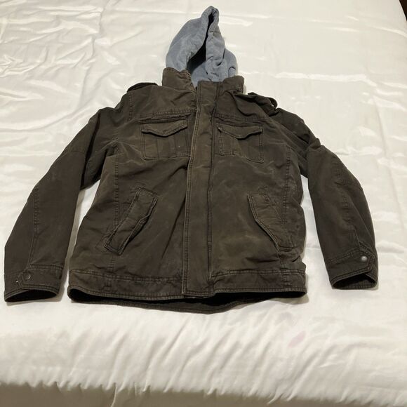 Levi's Hooded Sherpa Lined Trucker Jacket Hoodie Brown Mens L Workwear Outdoor - Picture 1 of 10